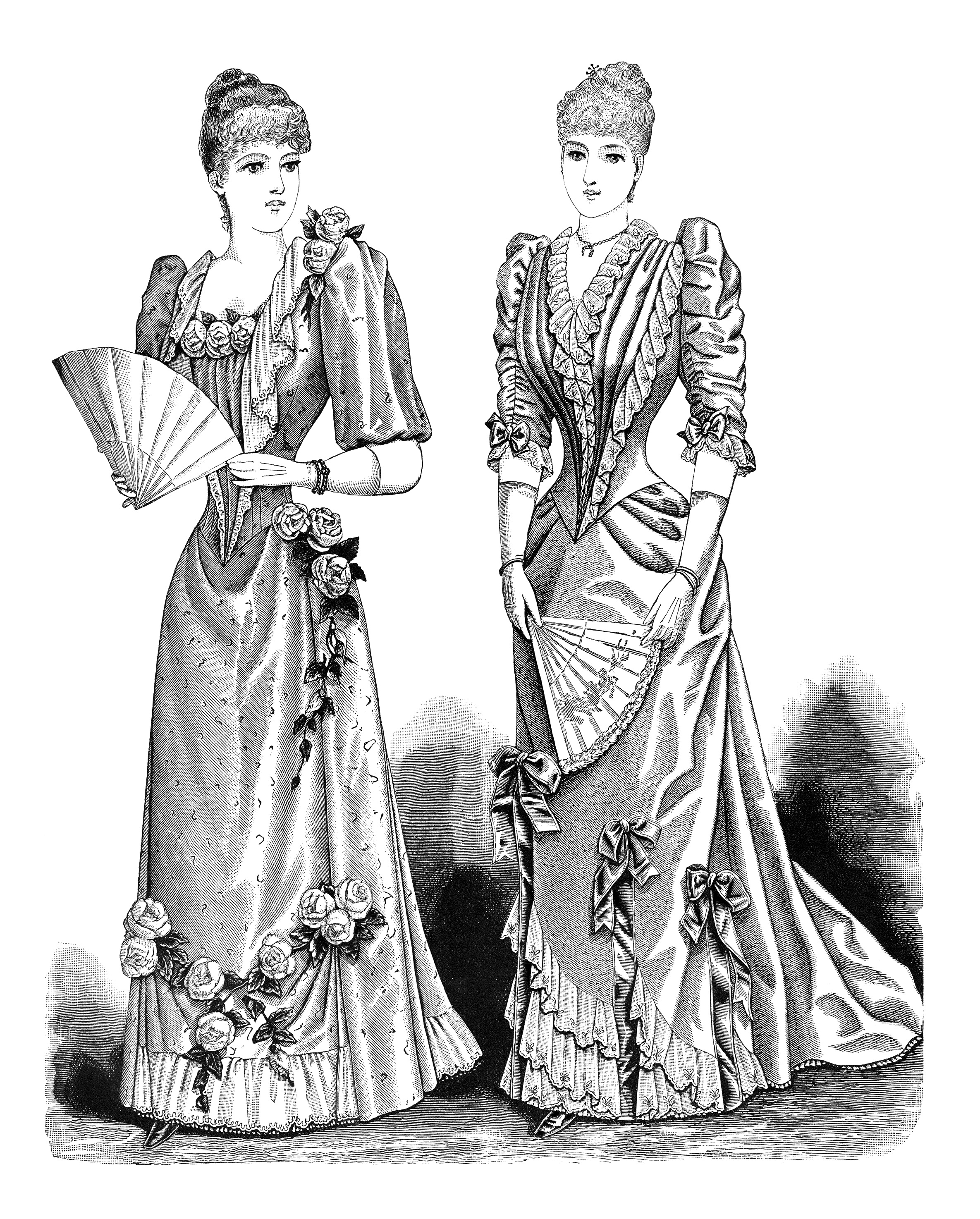 victorian lady clip art, antique fashion illustration, black and white vintage clipart. elegant lady printable. old fashioned woman's clothing