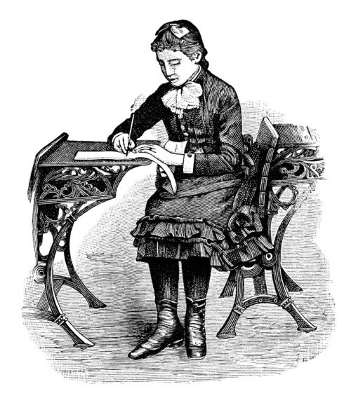 Free Victorian school girl black and white vintage clip art illustration