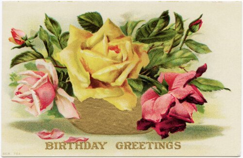 Free vintage clip art birthday postcard yellow pink roses