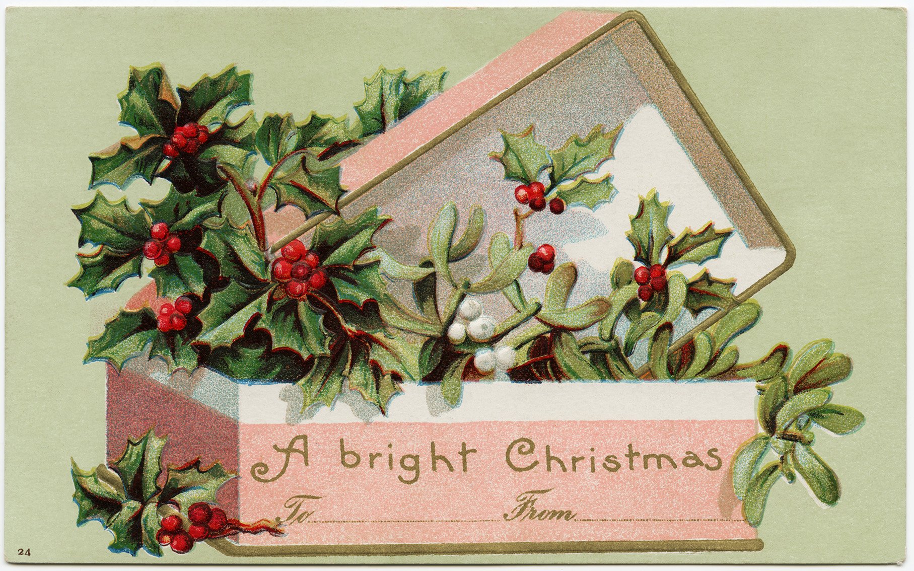 vintage Christmas postcard, old fashioned christmas card, box of holly and berry, antique holiday image, pink and green christmas graphic
