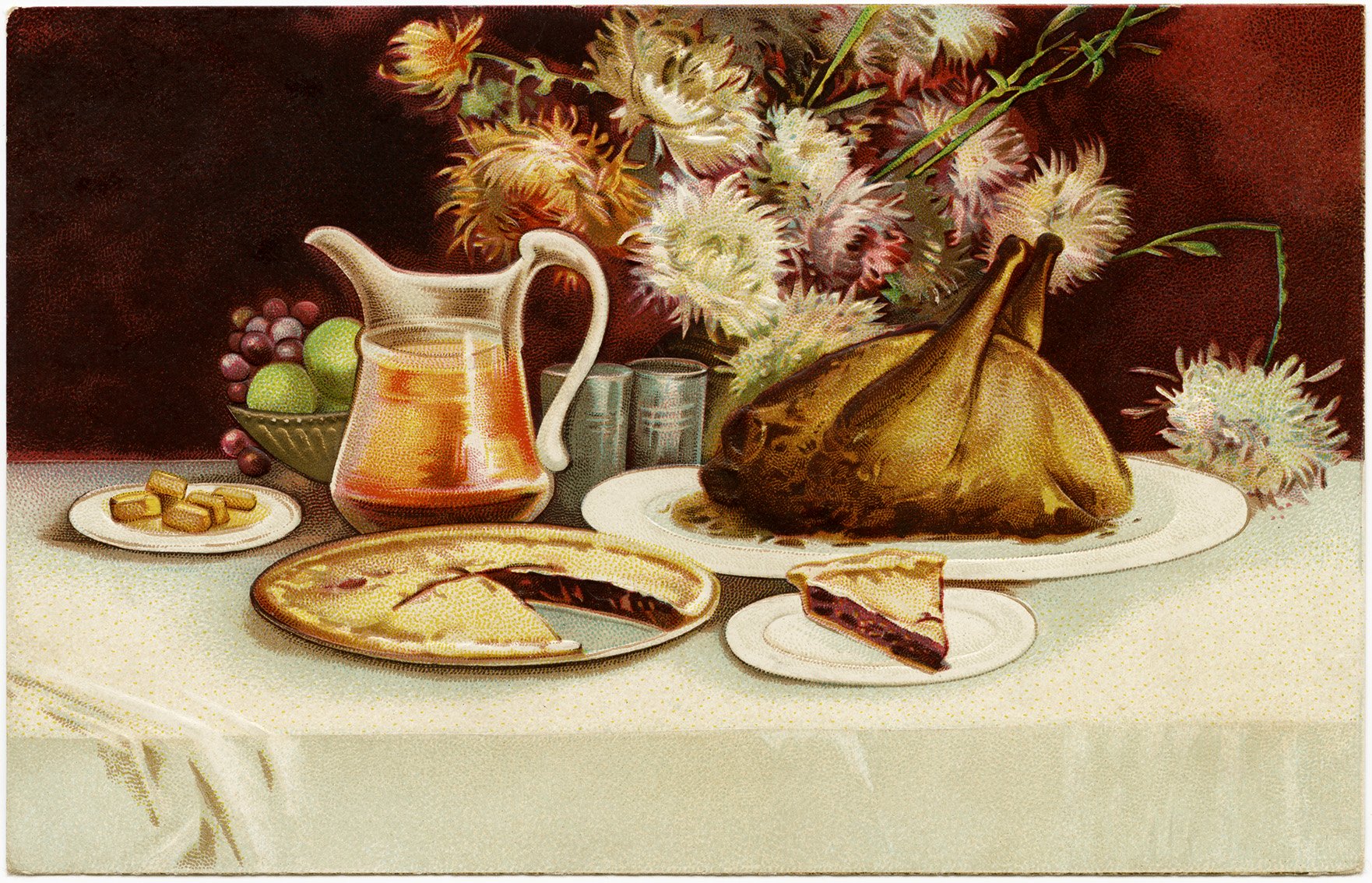 ellen clapsaddle, free vintage digital postcard, old thanksgiving image, turkey dinner illustration, old fashioned food clipart