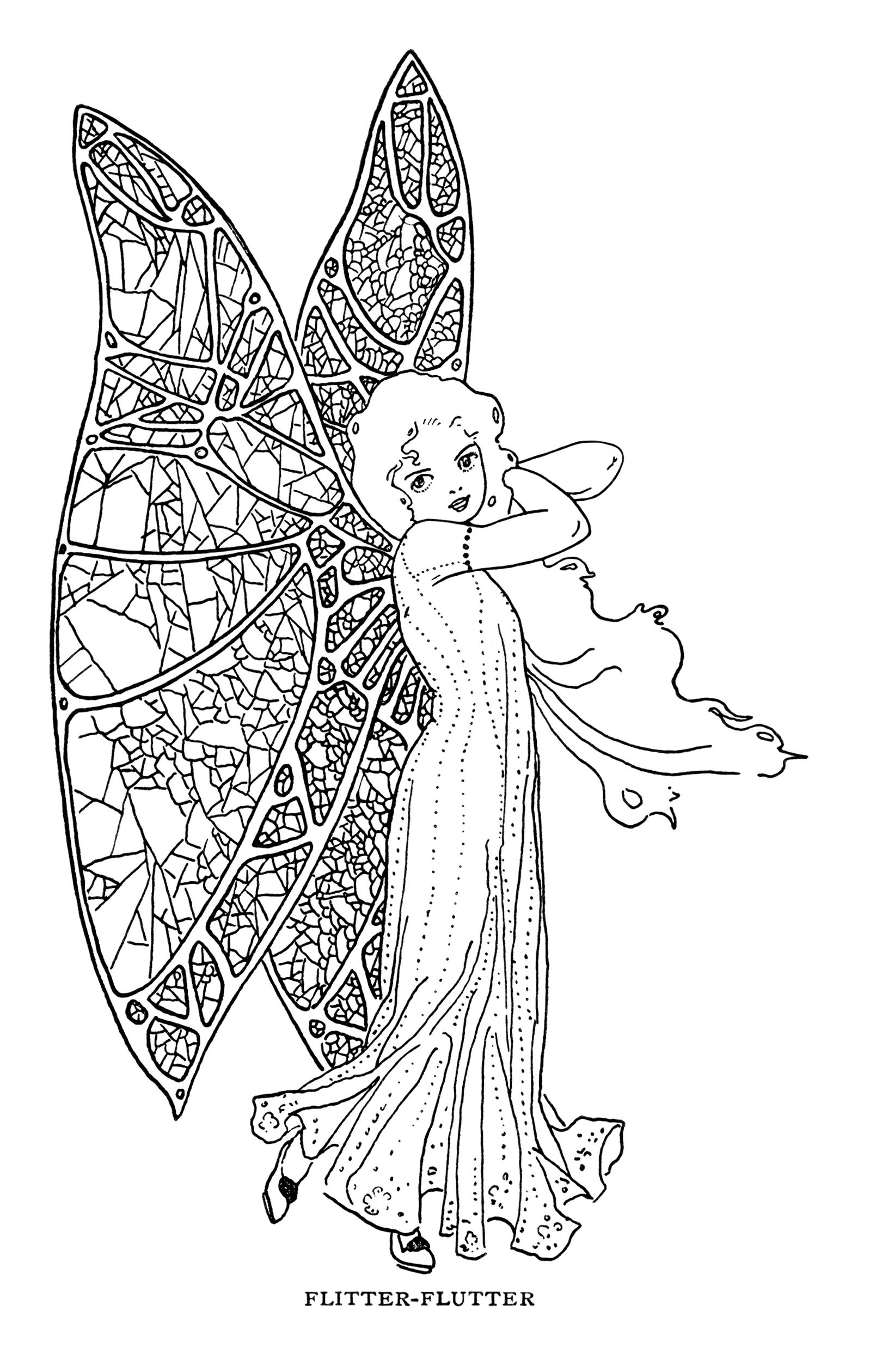 vintage fairy clip art, butterfly fairy image, child fairy illustration, black and white clipart, antique fairy tale illustration