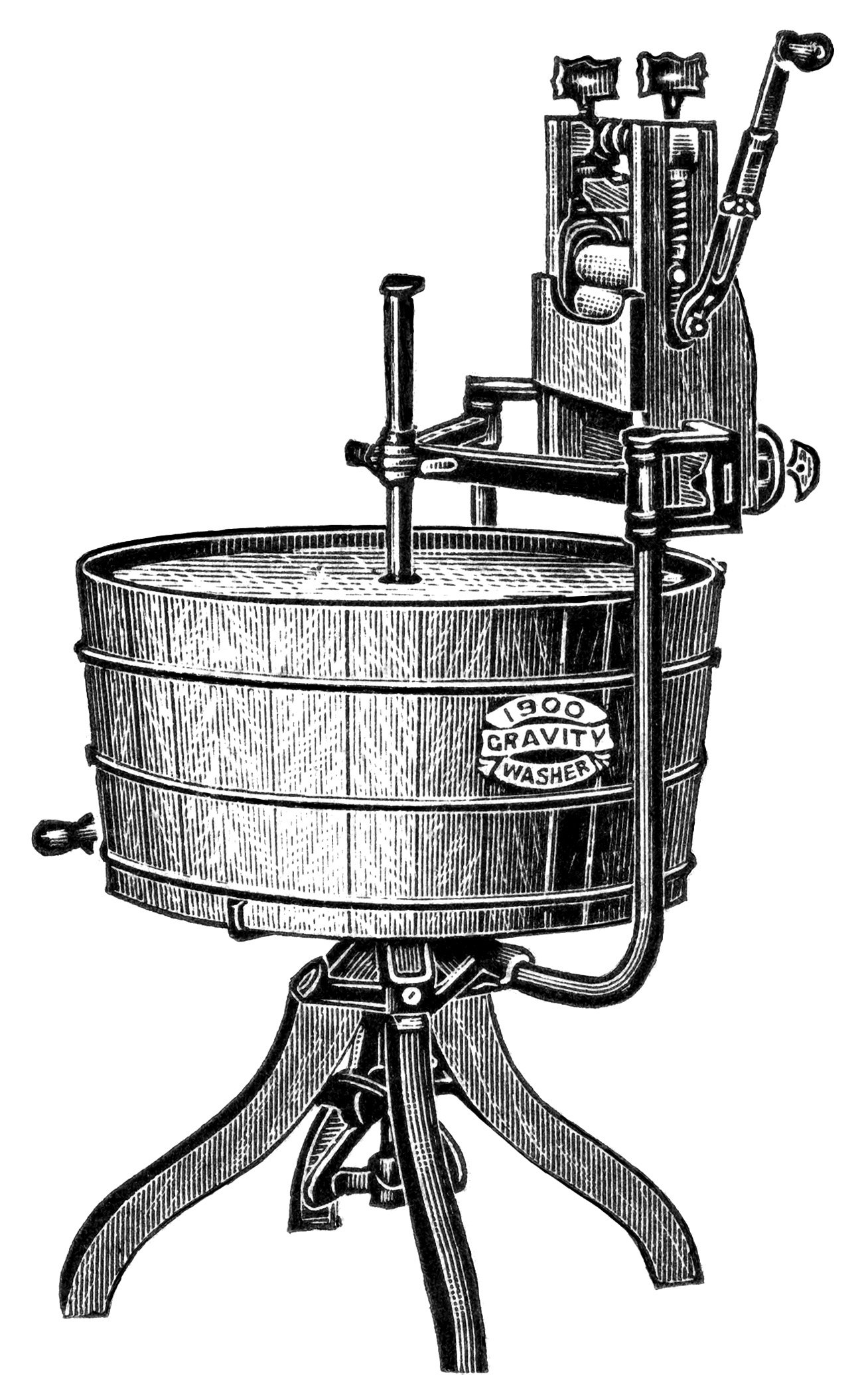 vintage washing machine clipart, antique clothes washer advertisement, old magazine digital advertising, black and white clip art, 1900 washing machine image
