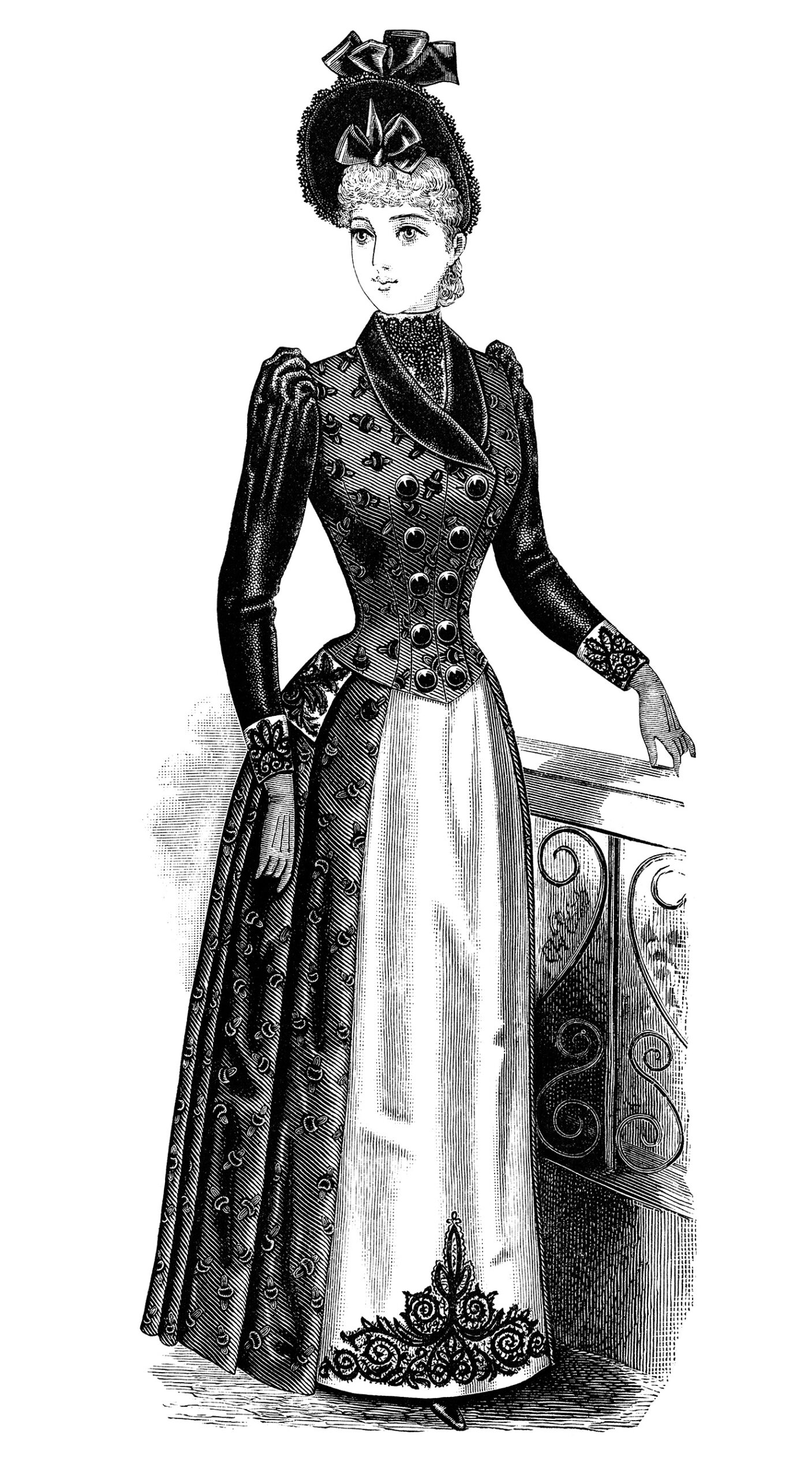victorian lady clipart, black and white clip art, free vintage fashion image, antique ladies dress illustration, women's clothing 1900