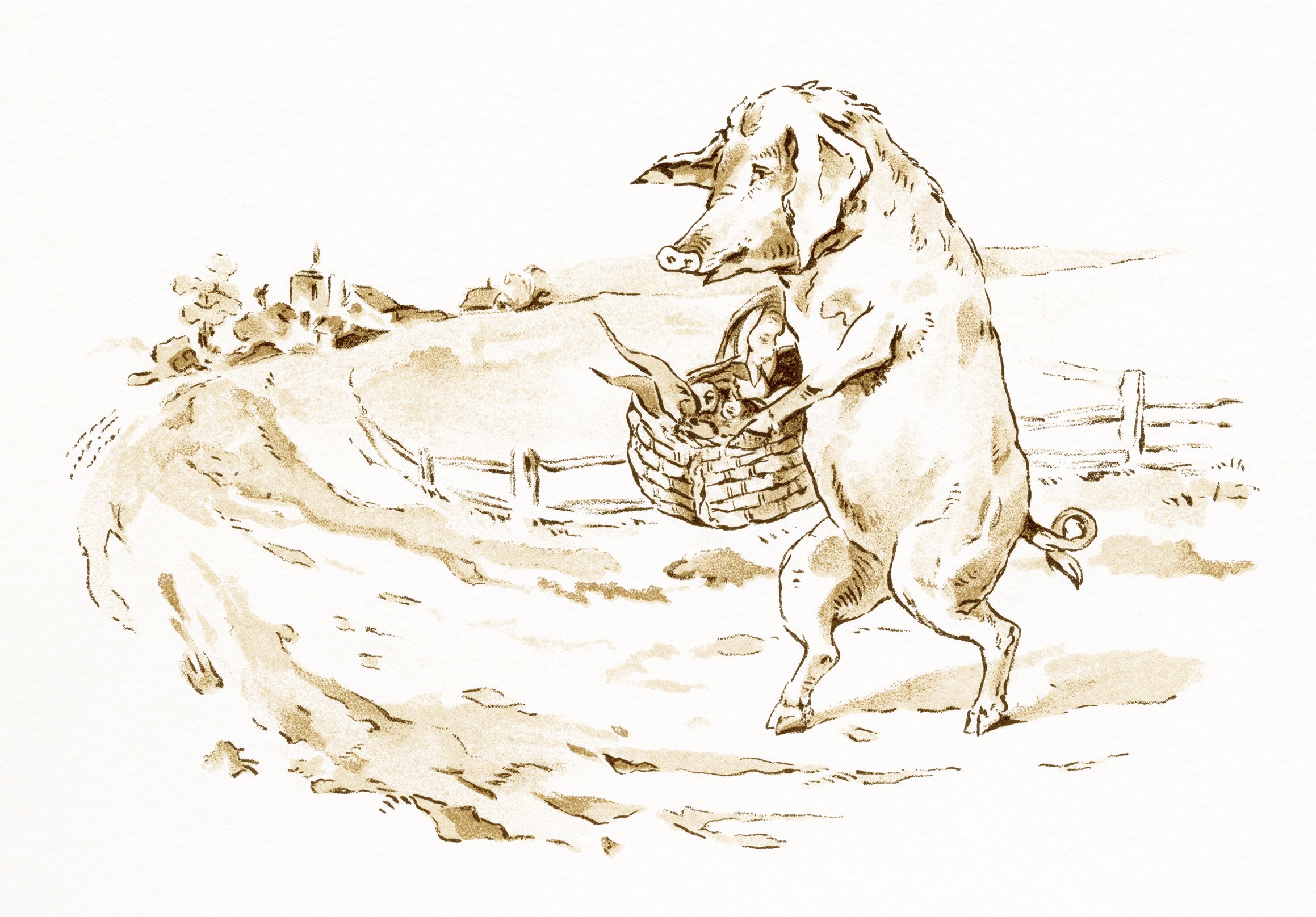 antique storybook graphics, little pig going to market, printable fairy tale illustration, vintage pig clipart, walking pig digital image