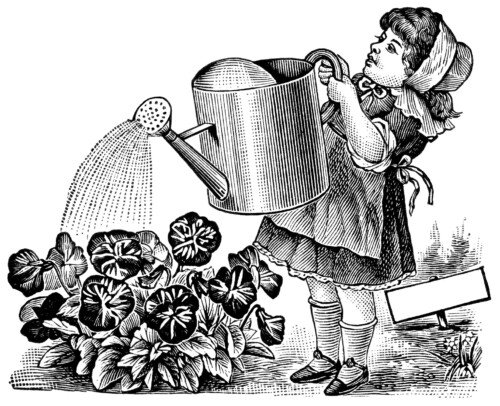 Free vintage clip art girl watering flowers