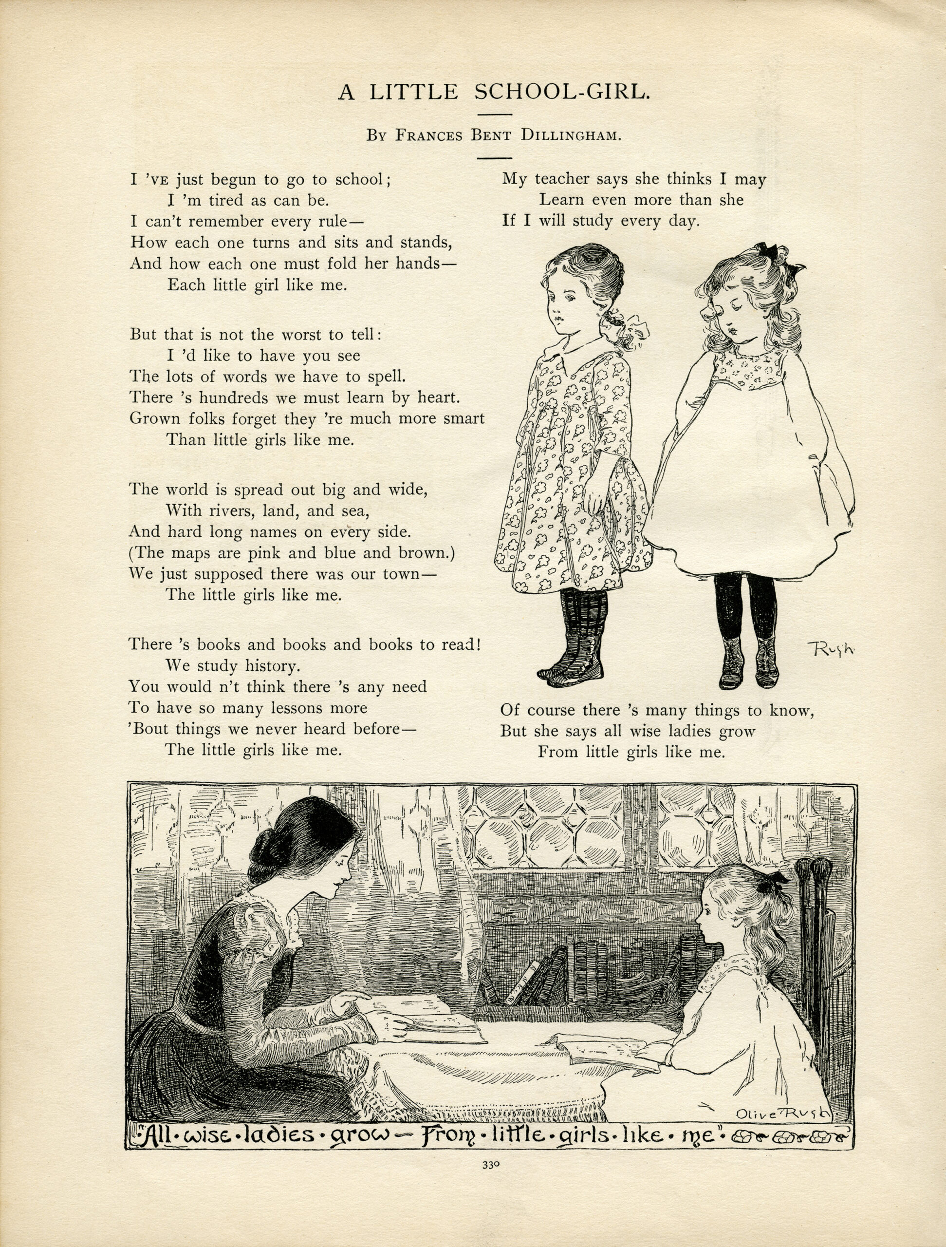 vintage school girl clip art, old school graphics, dillingham school poem, olive rush child art, old book page, printable old fashioned school