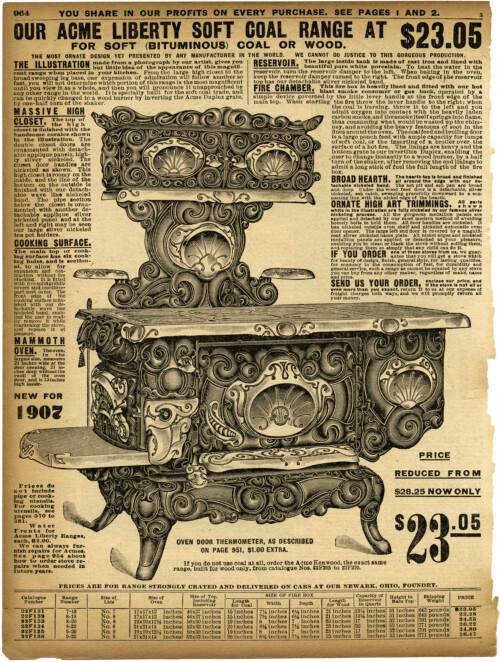 vintage stove clipart, black and white clip art, sears roebuck catalogue page, aged paper ephemera, antique kitchen image