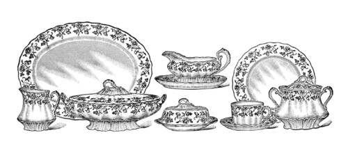 sears and roebuck catalogue 1907, vintage dinner set clip art, black and white kitchen clipart, antique dishes printable, old china dish illustration