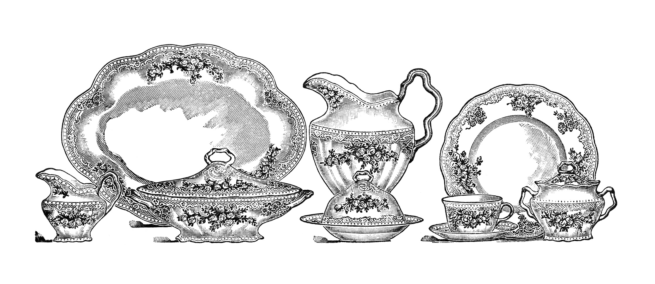Here is a black and white clip art version of each dinner set. 