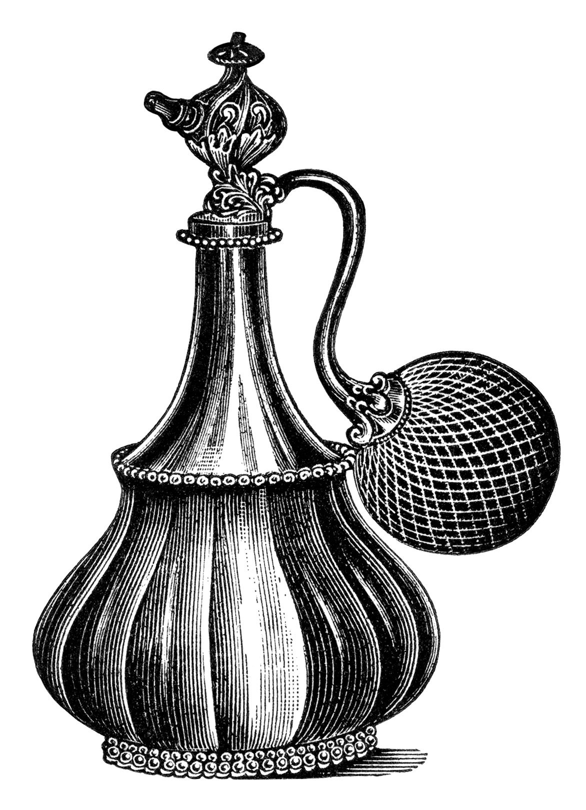 vintage atomizer clip art, black and white clipart, old fashioned perfume bottle, antique beauty product image, free perfume graphic
