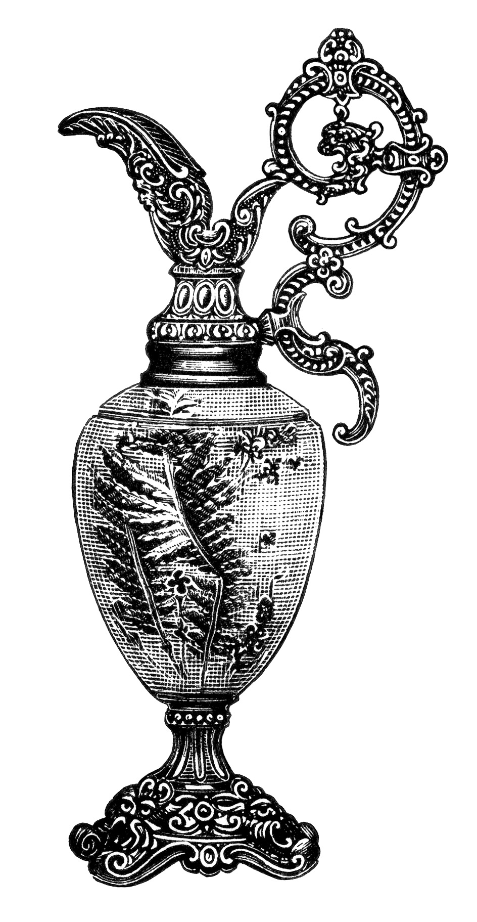 black and white clip art, elegant vintage vase clipart, old fashioned mantel ornament, antique pitcher illustration, swirly jug image