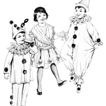 vintage halloween clipart, children in costumes, old fashioned clown suit illustration, free black and white clip art, boy girl halloween printable