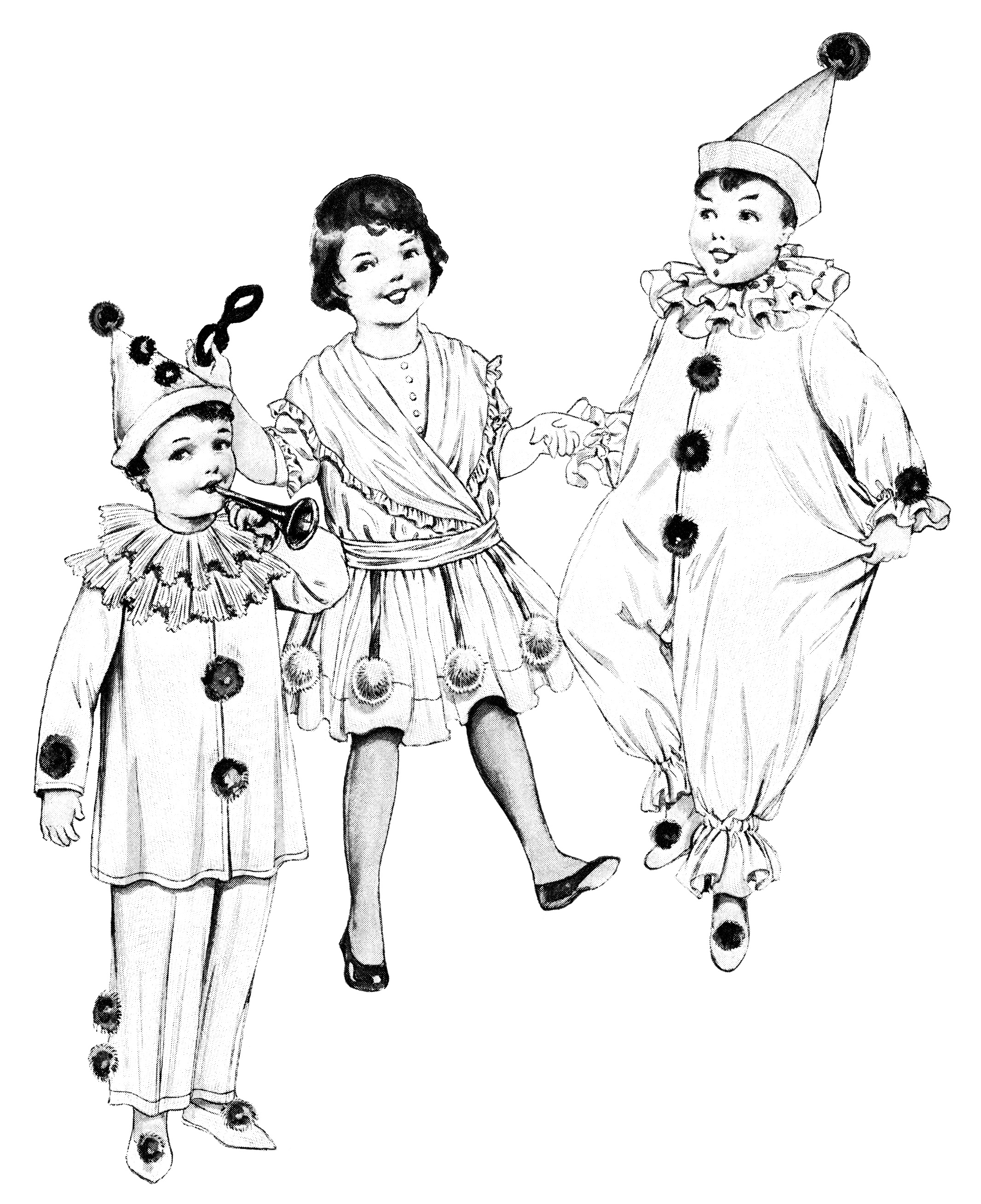 vintage halloween clipart, children in costumes, old fashioned clown suit illustration, free black and white clip art, boy girl halloween printable