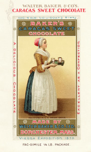 walter baker maid, la belle chocolatiere, lady serving chocolate, vintage cocoa ad, caracas sweet chocolate advertisement 