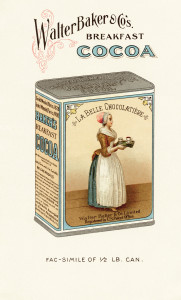 la belle chocolatiere, vintage breakfast cocoa tin, walter baker advertising, chocolate clipart, old book page