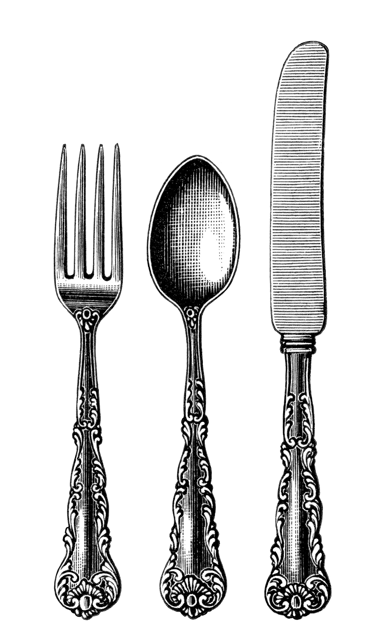 vintage cutlery clipart, black and white clip art, old fashioned spoon fork knife image, antique silverware pattern illustration, kitchen printable