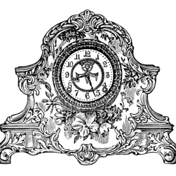 vintage clock clip art, black and white clipart, porcelain clock image, antique mantle clock, old fashioned clock illustration