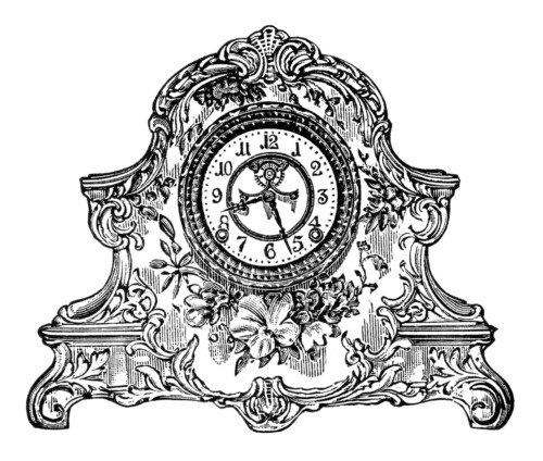 vintage clock clip art, black and white clipart, porcelain clock image, antique mantle clock, old fashioned clock illustration