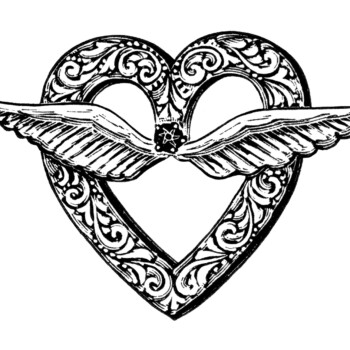 vintage jewellery clipart, antique brooch clip art, old jewelry illustration, steampunk graphics, black and white digital image, heart with wings