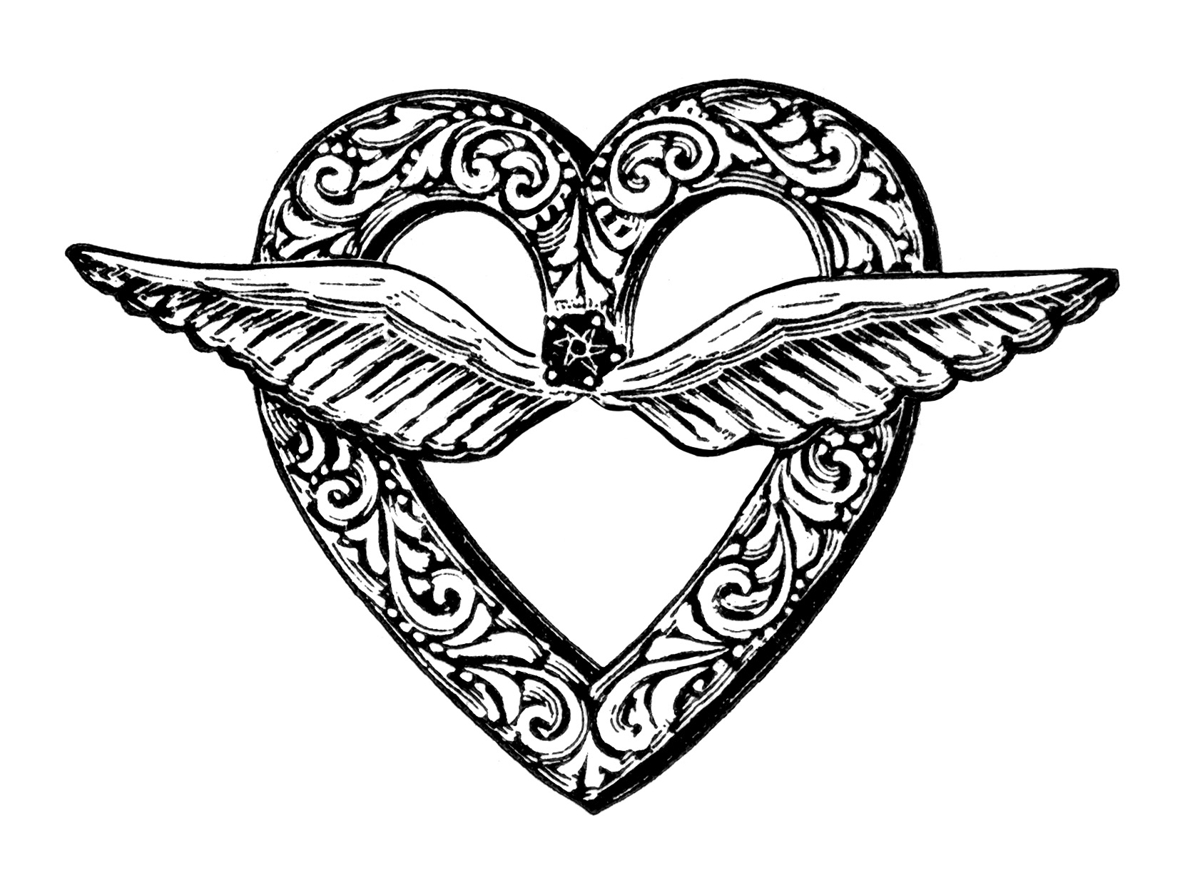 vintage jewellery clipart, antique brooch clip art, old jewelry illustration, steampunk graphics, black and white digital image, heart with wings
