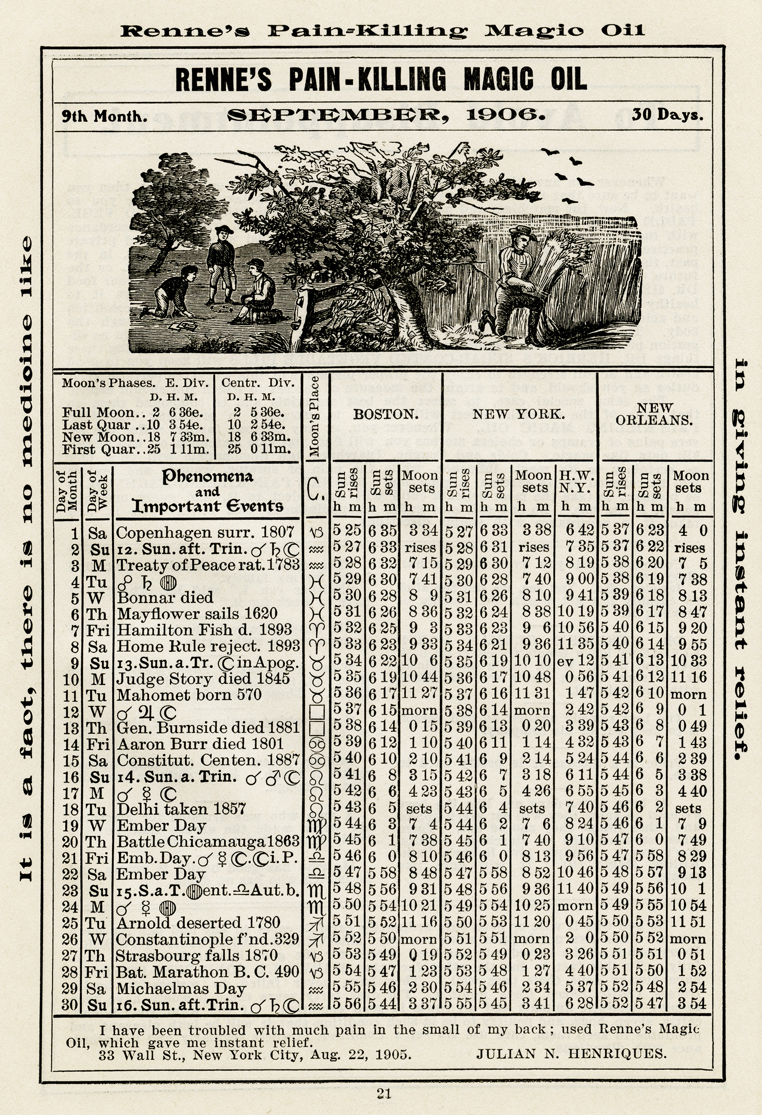 almanac september 1906, herricks almanac, old book page, vintage ephemera, free digital printable