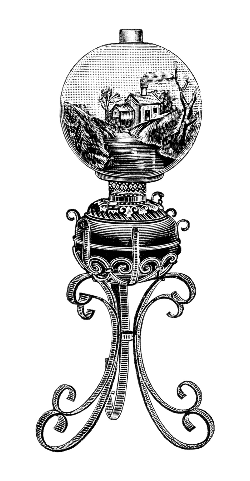 vintage lamp clipart, black and white clip art, old fashioned lamp image, elegant victorian lamp engraving, antique banquet lamp illustration