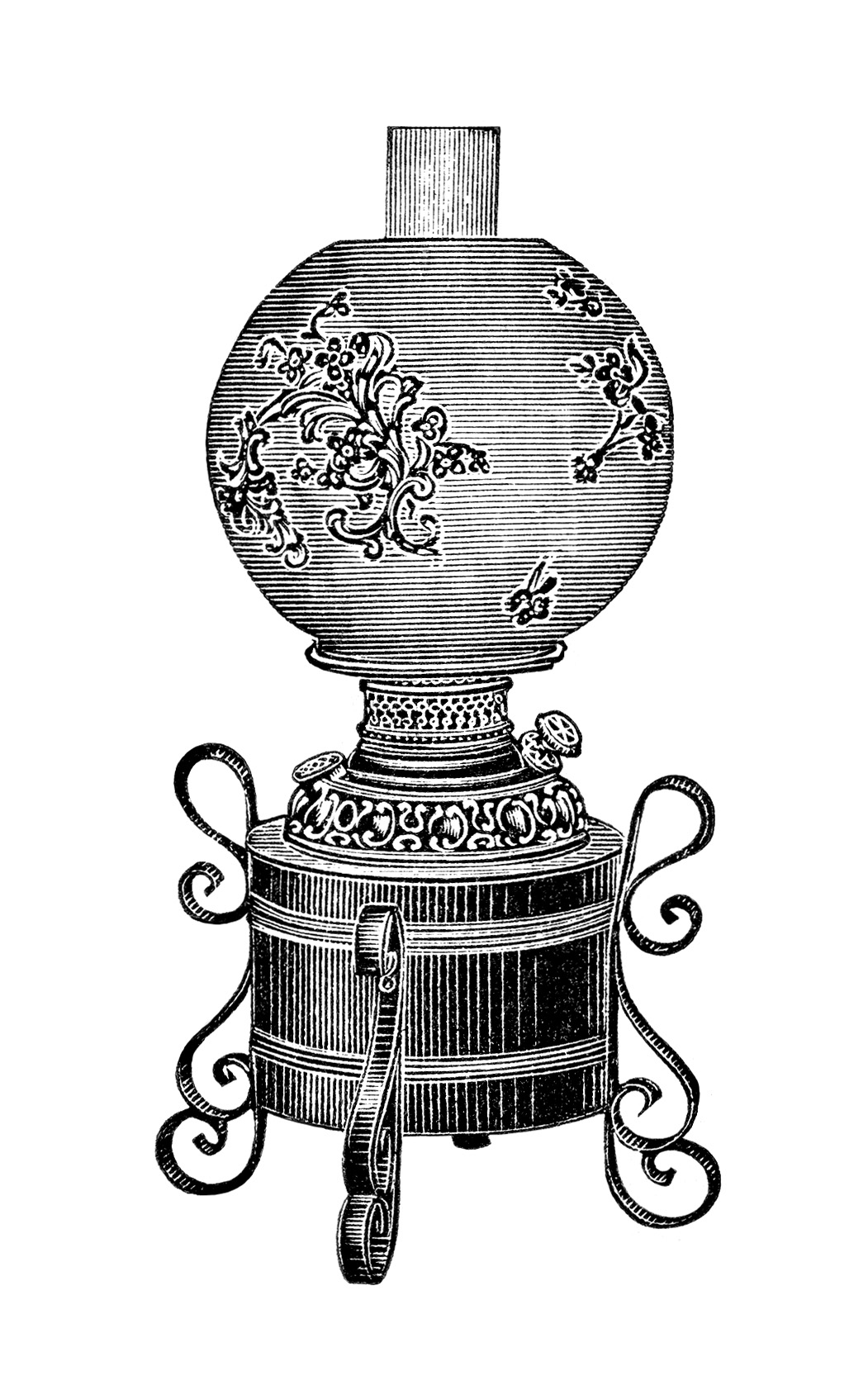 iron table lamp image, vintage lamp clipart, black and white clip art, Victorian lighting illustration, antique table lamp graphics
