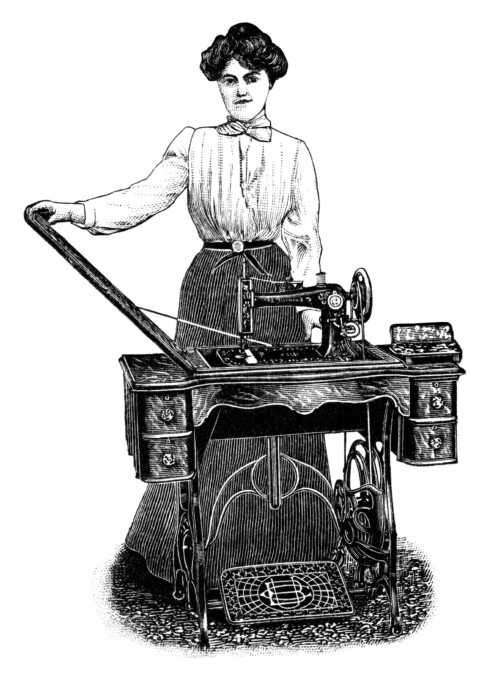 vintage sewing clipart, old sewing machine advertisement, black and white clip art, antique kenwood sewing machine, woman sewing image