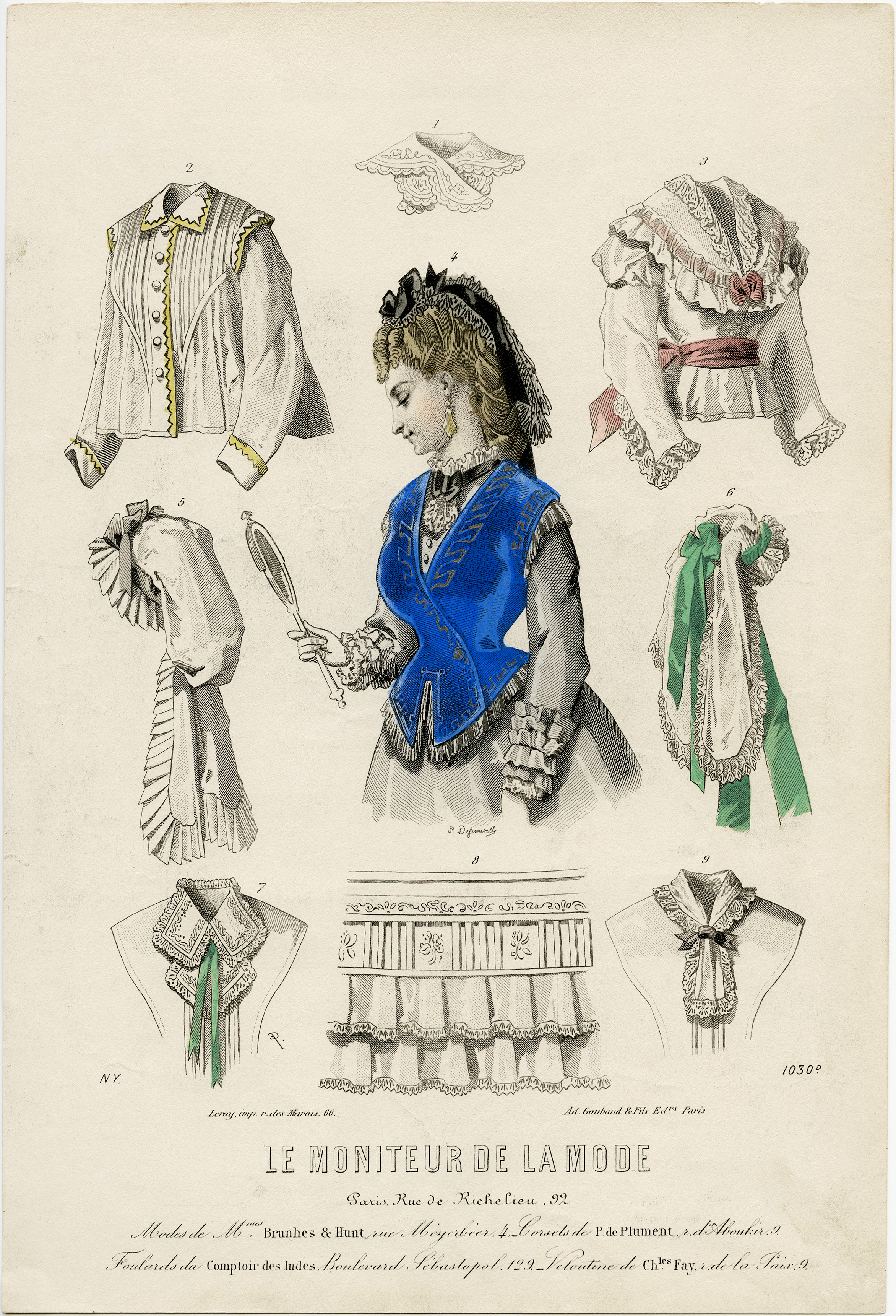 le moniteur de la mode, Victorian fashion plate, vintage clothing image, 1850 French ladies fashion, Edwardian clothes clipart