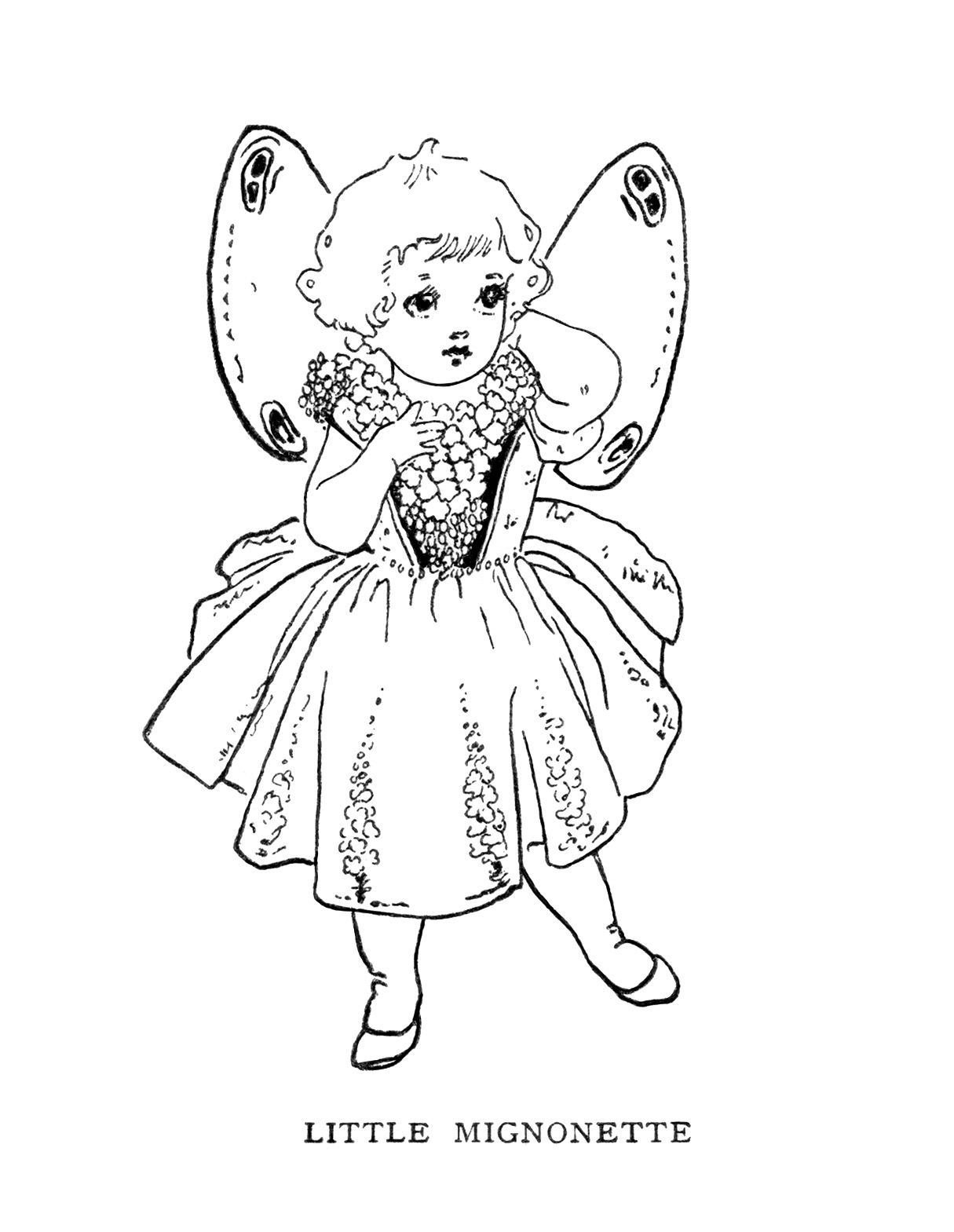 vintage storybook illustration, fairy clip art, black and white clipart, little mignonette character, antique childrens graphics