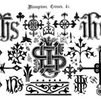 digital crosses monograms, old book page, vintage ornamental design clipart, graphic design symbols, black and white clip art