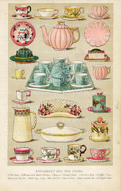 mrs beetons book of household management, breakfast and tea china image, vintage kitchen clipart, old fashioned dishes illustration, beeton cookbook page