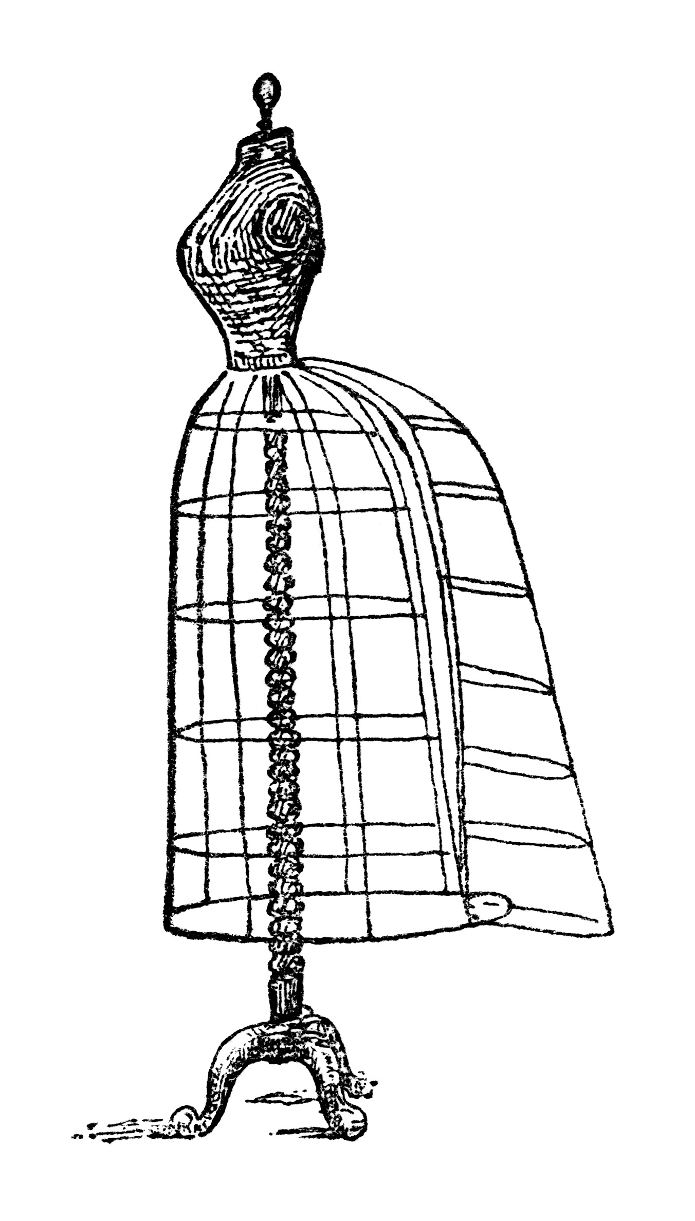 mrs beeton dress stand, victorian dress form image, vintage sewing clip art, black and white clipart, wire dress form illustration