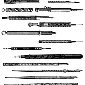 vintage pen pencil clipart, old fashioned writing instrument, black and white clip art, antique office supplies, old catalog page