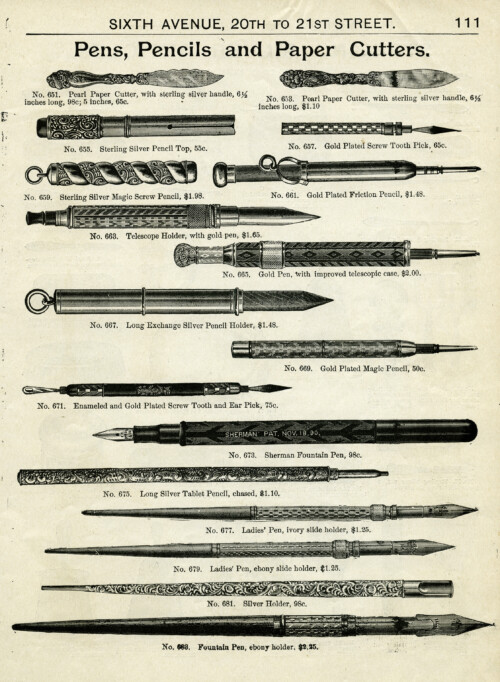 vintage pen pencil clipart, old fashioned writing instrument, black and white clip art, antique office supplies, old catalog page