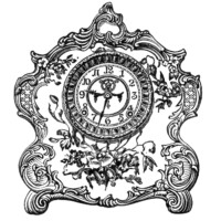 vintage clock clip art, black and white graphics, old fashioned clock image, Victorian mantle clock, antique porcelain clock illustration