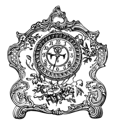 vintage clock clip art, black and white graphics, old fashioned clock image, Victorian mantle clock, antique porcelain clock illustration