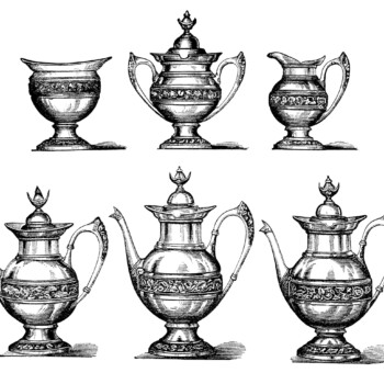 vintage tea set clipart, antique pot bowl image, old fashioned teapot illustration, free black and white clip art, vintage tea coffee graphics