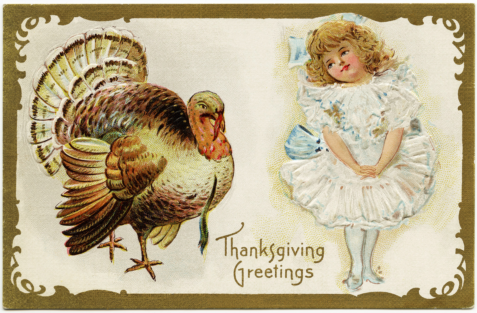 vintage thanksgiving postcard, turkey clipart, Victorian girl in pretty dress clip art, old fashioned holiday graphics, antique Thanksgiving greetings image
