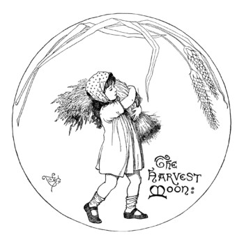 harvest moon illustration, vintage fall graphics, black and white clipart, girl carrying wheat, victorian child clip art