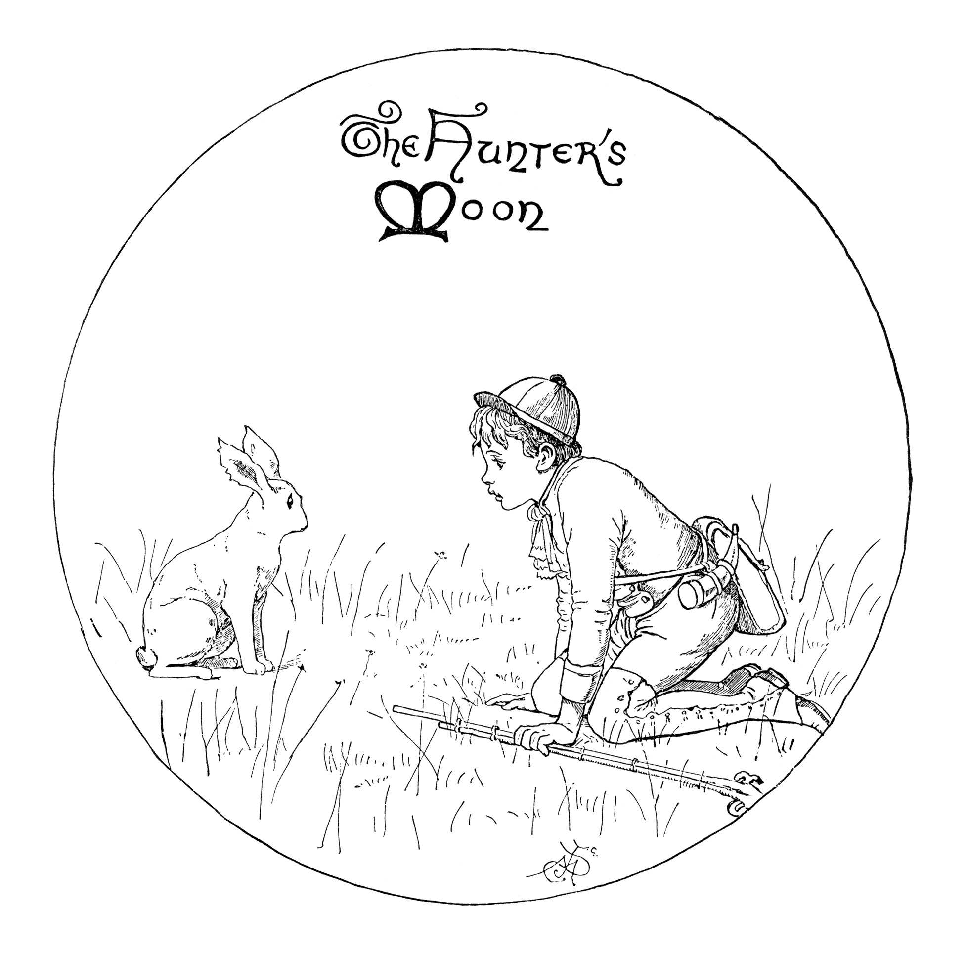 the hunter's moon, boy rabbit clip art image, black and white clipart, boy hunter illustration, vintage child printable