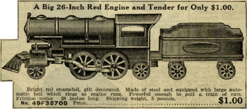 vintage toy train, old catalogue listing, red engine and tender, toy steam locomotive image, black and white clipart