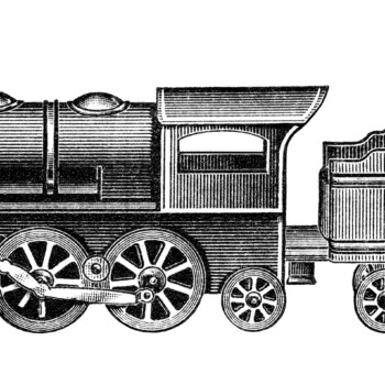 vintage toy train, old catalogue listing, red engine and tender, toy steam locomotive image, black and white clipart