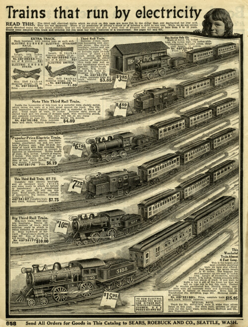 bing toy train, old catalogue page, vintage electric train image, 1916 Sears Roebuck, antique catalog toys