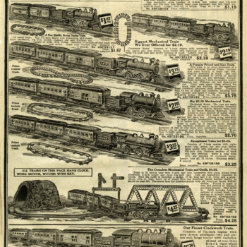 bing toy train, old catalogue page, vintage electric train image, 1916 Sears Roebuck, antique catalog toys