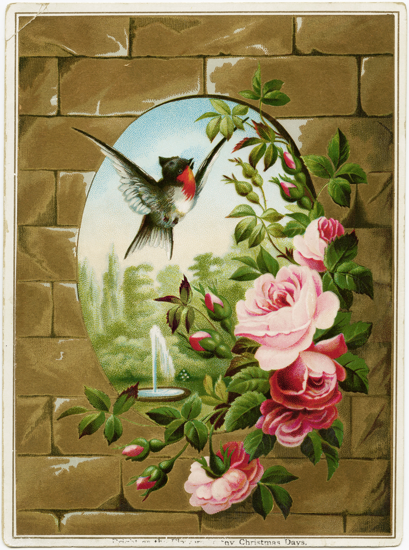 Victorian Card with Bird and Roses - The Old Design Shop