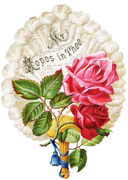 pink red rose image, victorian card, vintage clip art roses on fan, graphics free old, flowers on feather fan
