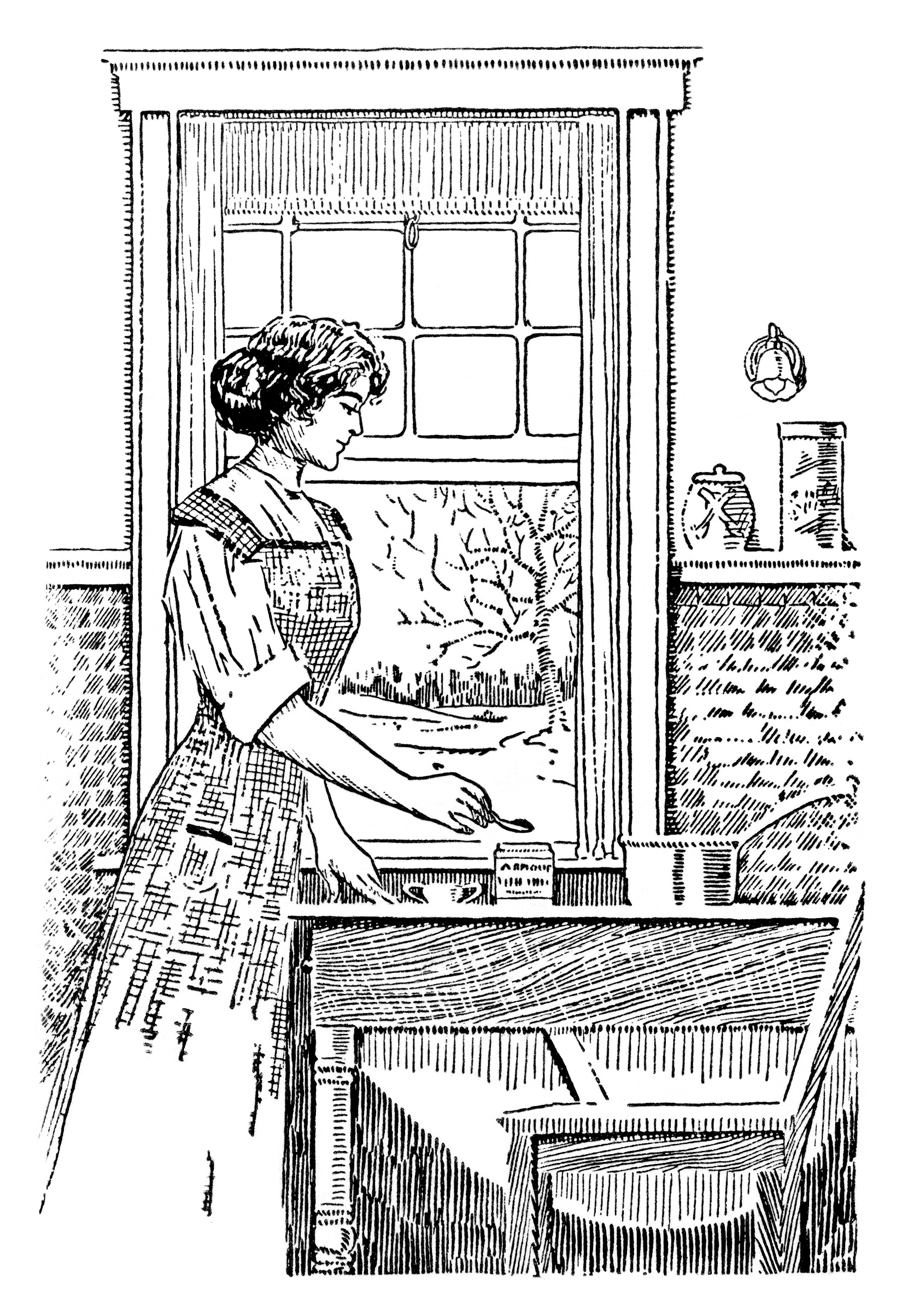 vintage kitchen clipart, black and white clipart, woman cooking image, preparing a meal illustration. digital food graphics