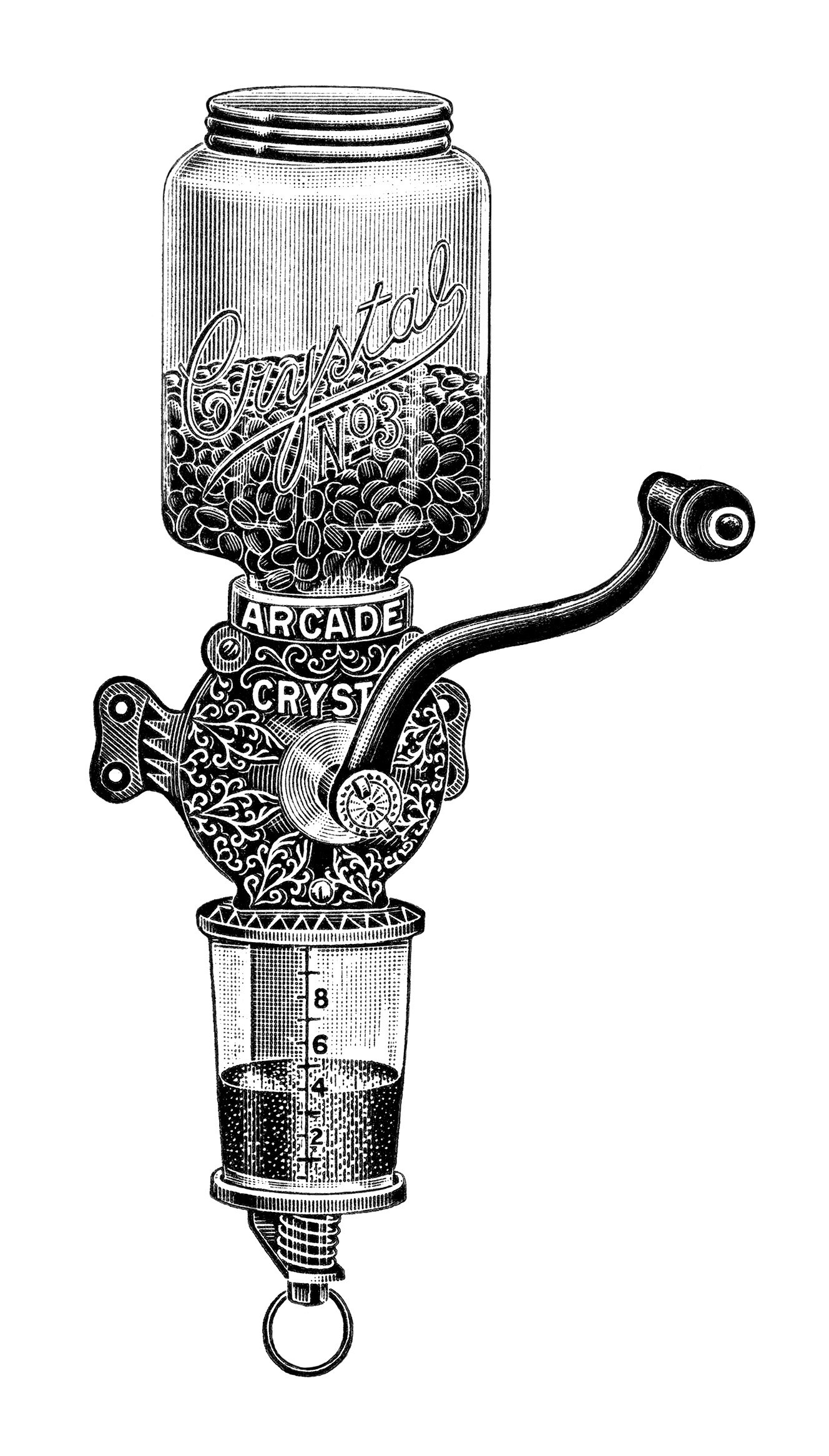 arcade crystal coffee mill, vintage coffee grinder image, black and white coffee clip art, antique magazine advertisement, free vintage coffee graphics